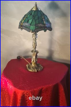 Lampe bronze art nouveau ancienne, style rocaille 44x22 abat jour verre s