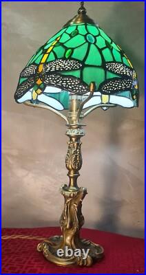 Lampe bronze art nouveau ancienne, style rocaille 44x22 abat jour verre s