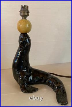 Lampe céramique noire Otarie au ballon jaune Art Déco année 40 XX