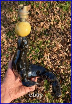 Lampe céramique noire Otarie au ballon jaune Art Déco année 40 XX