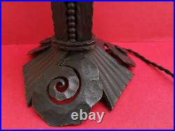 Lampe champignon art deco 1930 signée Muller Frères pied fer martelé TBE