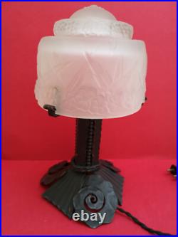 Lampe champignon art deco 1930 signée Muller Frères pied fer martelé TBE