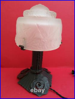 Lampe champignon art deco 1930 signée Muller Frères pied fer martelé TBE