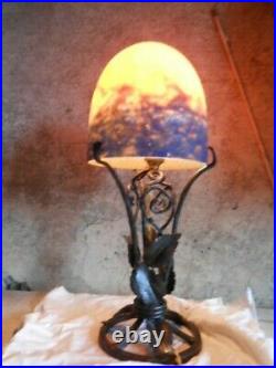 Lampe champignon art déco coupe deguè pâte de verre fer forgé hauteur 40 cm