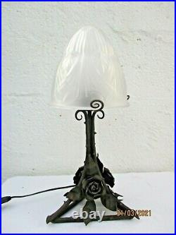 Lampe champignon fer forge battu martele branche rosier epoque Art Deco Brandt