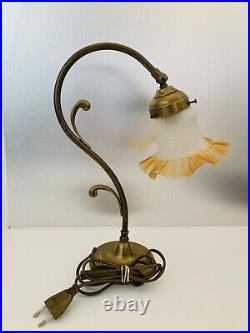 Lampe de Bureau en Laiton Cygne avec Tulipe en Verre Soufflé Art Déco Vintage