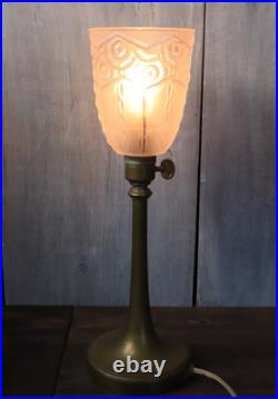 Lampe de Table Ancien Art Déco Tulipe en Verre Moulé Dépoli Bronze c1930
