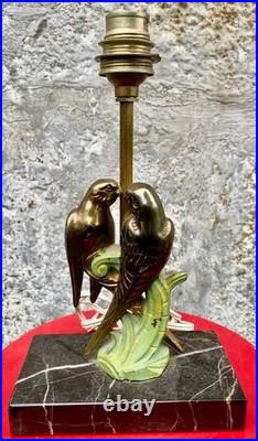 Lampe de table art déco perroquet ou perruche / Socle marbre/ Oiseaux en métal
