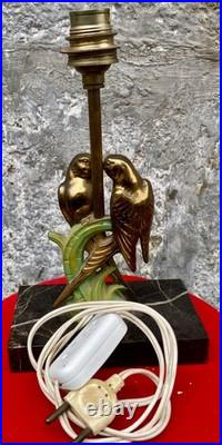 Lampe de table art déco perroquet ou perruche / Socle marbre/ Oiseaux en métal