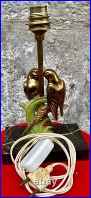 Lampe de table art déco perroquet ou perruche / Socle marbre/ Oiseaux en métal