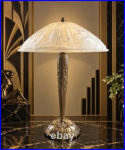 Lampe de table bronze Art Déco Hettier Vincent vasque verre pressé blanc EJG Lampe de table bronze Art Déco Hettier Vincent vasque verre pressé blanc EJG