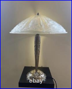 Lampe de table bronze Art Déco Hettier Vincent vasque verre pressé blanc EJG Lampe de table bronze Art Déco Hettier Vincent vasque verre pressé blanc EJG