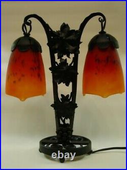 Lampe double art déco pâte de verre fer forgé signée Schneider 1900-1920