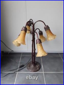 Lampe fer et tulipe pâte de verre art déco Art Nouveau 6 Feux Libellule