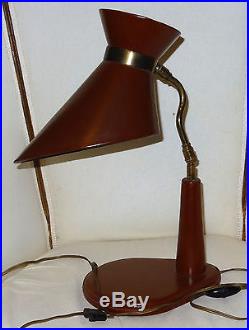 Lampe moderniste design gainée cuir&laiton 1950's couleur bordeaux Adnet Hermes