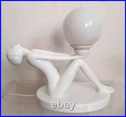 Lampe table faience sculpture femme vintage 70 globe verre style art deco