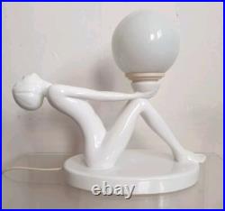 Lampe table faience sculpture femme vintage 70 globe verre style art deco