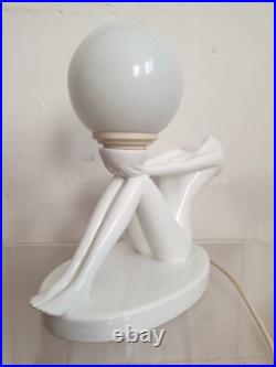 Lampe table faience sculpture femme vintage 70 globe verre style art deco