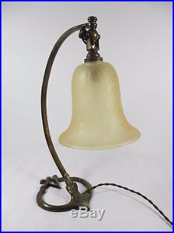 Lampe travail atelier Art Déco verre pressé bronze Bureau 1925 Vianne H 35 cm
