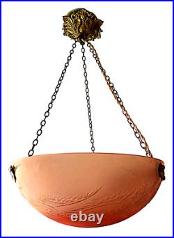 Lampe vasque LEGRAS pâte de verre Hirondelles gravées avec sa monture en bronze