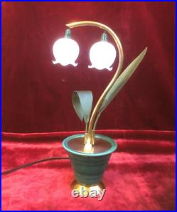 Lampe veilleuse ART DECO brin de muguet 31 cm Laiton Céramique Clochette opaline