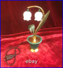Lampe veilleuse ART DECO brin de muguet 31 cm Laiton Céramique Clochette opaline