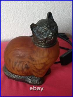 Lampe veilleuse art déco Chat Métal Doré Pâte de Verre