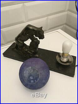 Lampe veilleuse art déco animalier Panthère globe craquelé bleu