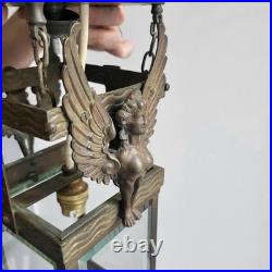 Lanterne de Vestibule Lampe Avec Sphinges en Laiton et Verre Biseauté Électrifié