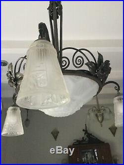 Lustre Art Deco Lampe 1930 Tulipe Vasque Signée Des Hanots No Degue Muller