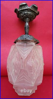 Lustre lampe suspension lanterne art deco 1930 verre dépoli Muller Frères Bronze