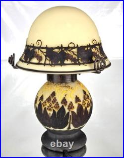 MULLER Frères Lunéville Rare Lampe Houblons Vase Pâte de Verre Gravé ART DECO