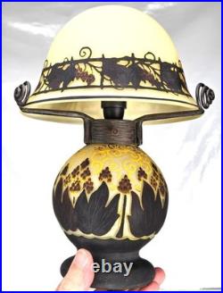 MULLER Frères Lunéville Rare Lampe Houblons Vase Pâte de Verre Gravé ART DECO