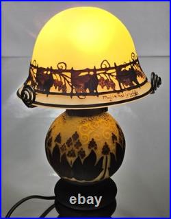 MULLER Frères Lunéville Rare Lampe Houblons Vase Pâte de Verre Gravé ART DECO