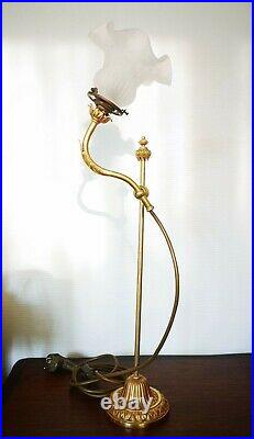 Magnifique Lampe En Bronze Avec Tulipe Verre Réglable Art Déco Ancien