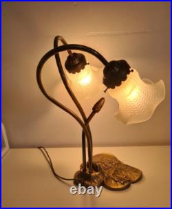 Magnifique Lampe Socle Nénuphars à Deux Branches Style Art Déco Années 70