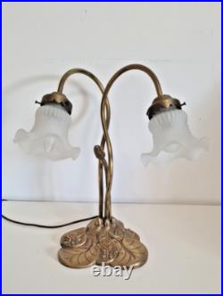 Magnifique Lampe Socle Nénuphars à Deux Branches Style Art Déco Années 70
