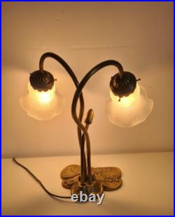 Magnifique Lampe Socle Nénuphars à Deux Branches Style Art Déco Années 70