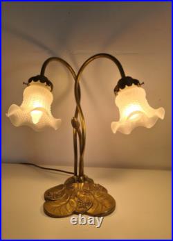 Magnifique Lampe Socle Nénuphars à Deux Branches Style Art Déco Années 70