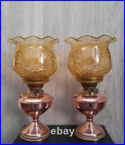 Ouraline Paire de Lampe pétrole cuivre Art Déco Oil Lamp Uranium Glass Vaseline