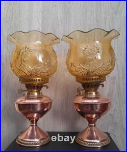 Ouraline Paire de Lampe pétrole cuivre Art Déco Oil Lamp Uranium Glass Vaseline