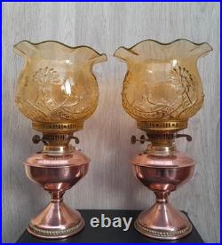 Ouraline Paire de Lampe pétrole cuivre Art Déco Oil Lamp Uranium Glass Vaseline