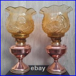 Ouraline Paire de Lampe pétrole cuivre Art Déco Oil Lamp Uranium Glass Vaseline