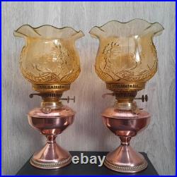 Ouraline Paire de Lampe pétrole cuivre Art Déco Oil Lamp Uranium Glass Vaseline