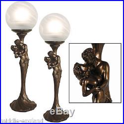 Pair/art Deco/nouveau Table Lamps 17.5 Lover Figurines Glass Shades + Bulbs