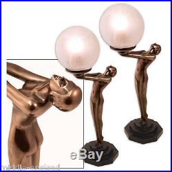 Pair/art Deco/nouveau Table Lamps 19 Biba Bronze Resin Figurine Glass Shades