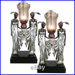 Pair/table Lamps Art Nouveau/deco 20.5 Silver Twin Lady Figurines Resin Shades