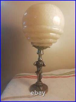 Paire LAMPE CHEVET TABLE ART DECO opalines clichy creme angelots bronze argente