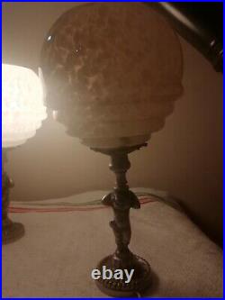 Paire LAMPE CHEVET TABLE ART DECO opalines clichy creme angelots bronze argente
