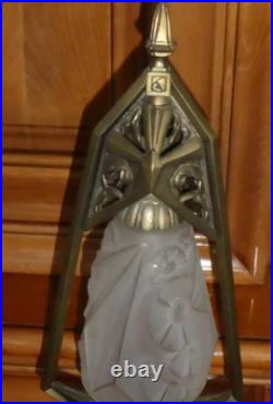 Paire de Lampe de bureau Art Déco en bronze tulipe en verre pressé signé Hubens